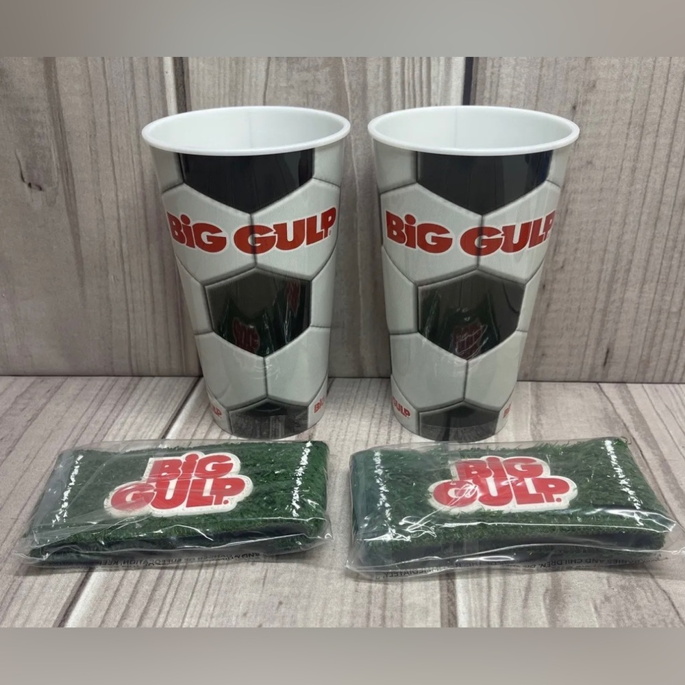 7 Eleven Set of 2 Big Gulp Soccer Cups With Matching Soccer Field Themed Sleeve
